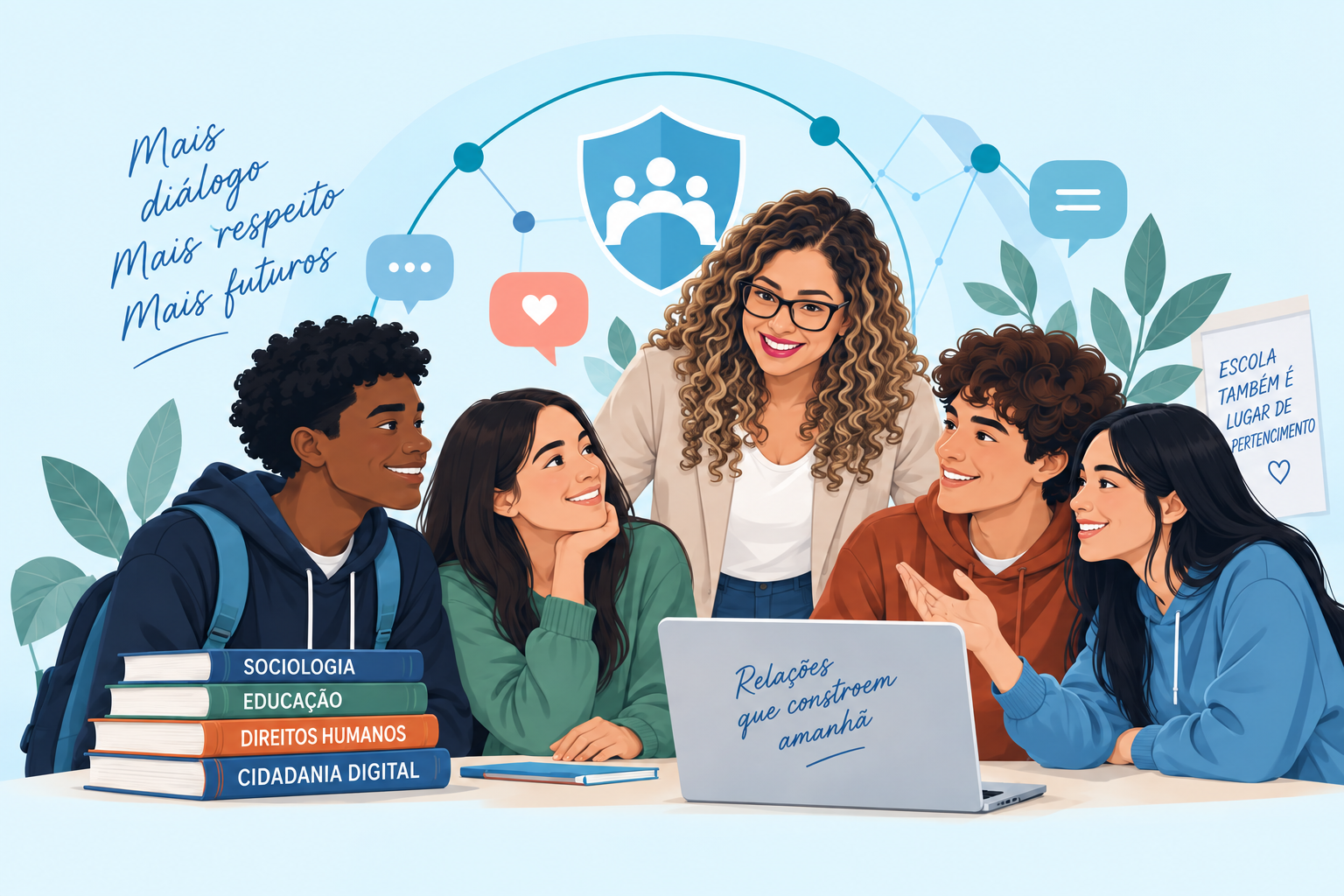 Professora e quatro estudantes conversam ao redor de livros e de um notebook.